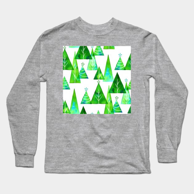 Green Watercolor Christmas Trees Long Sleeve T-Shirt by Carolina Díaz